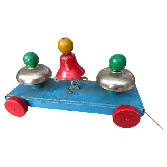 Vintage Gong Bell Pull Toy Metal Wood Mechanical 11.5” Steampunk - Picture 3 of 4